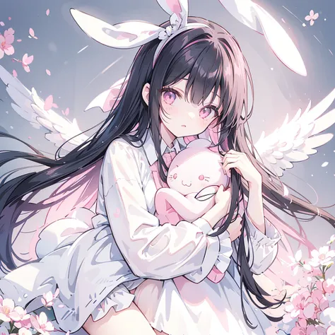 girl with long black hair, faded pink eyes and wear a white bunny ears headband. With a large soft pink bow on the middle of her hair. and wears a pink ribbon around her neck and has white angel wings. hugging white bunny plushie