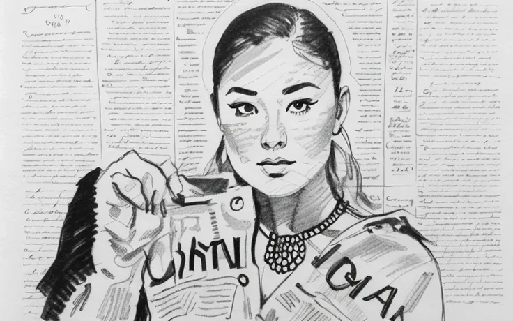 newspaper background,(traditional media,professional sketch,:1.3), attractive girl, by loui jover, signature, solo, monochrome, ...