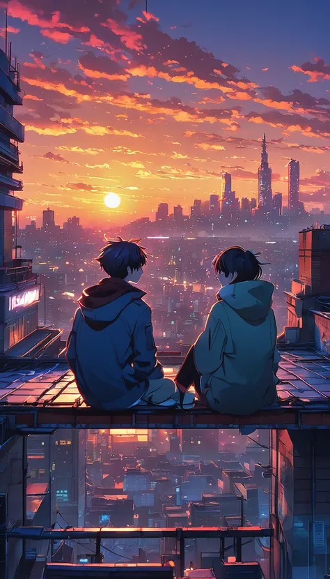 anime couple sitting on a rooftop watching the sunset, watching the sun set. anime, lofi artstyle, anime background art, anime s...