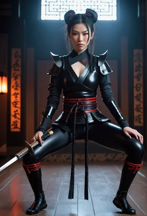 Samurai girl in latex leggings 