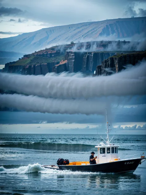 A man，Fishing，Heavy rainy days，fishing boat，The seaside is very stormy，