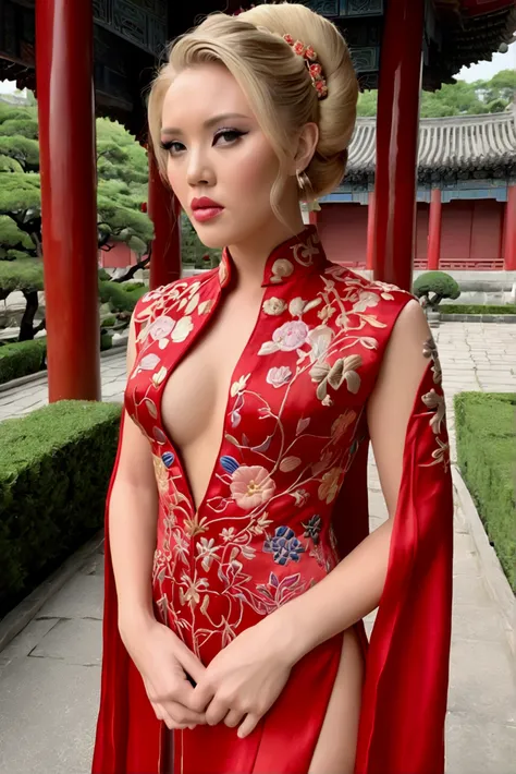 1 woman (scarlett johannsson, age 25, intricate silk chinese dress with lots of embroidery sheer with several large slits, no un...