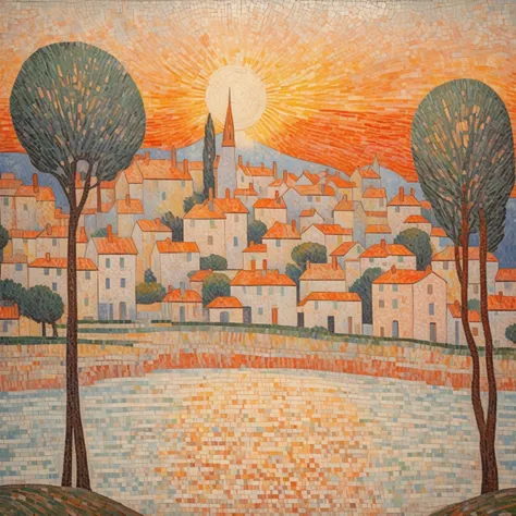 paul signac style - mosaic style landscape painting by charles angrand with broad brushstrokes depicting a village in the mornin...