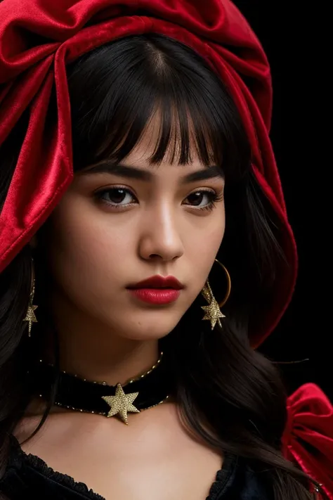 ((extreme detail)),(ultra-detailed), extremely detailed CG unity 8k wallpaper, velvet, figurine, red hood, crop top, star headdress, puffy sleeves, lips, looking away, close-up, head turn, black background