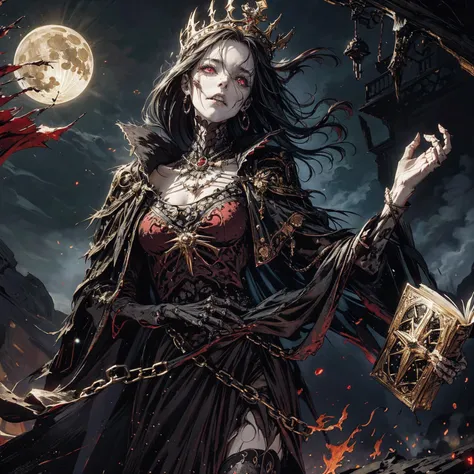 best quality, 4K, high resolution, masterpiece, Very detailed, Full-body shot from a distance, Mood lighting, Undead girl in a long cloak is chanting black magic, Black Hair, The whole body is a skull, but the head is still a beautiful human face., Wearing...