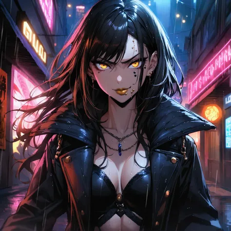 (anime women (looking at guy with long dark hair in coat)), dark outfit with red and blue details, white hair, (golden dragon eyes) standing in a rain soaked, city street at night, cinematic lighting (best quality:1.2)detailed, neon lights, vivid colors,bo...