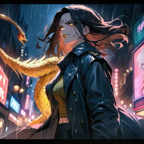 (anime women (looking at guy with long dark hair in coat)), dark outfit with red and blue details, white hair, (golden dragon eyes) standing in a rain soaked, city street at night, cinematic lighting (best quality:1.2)detailed, neon lights, vivid colors,bo...