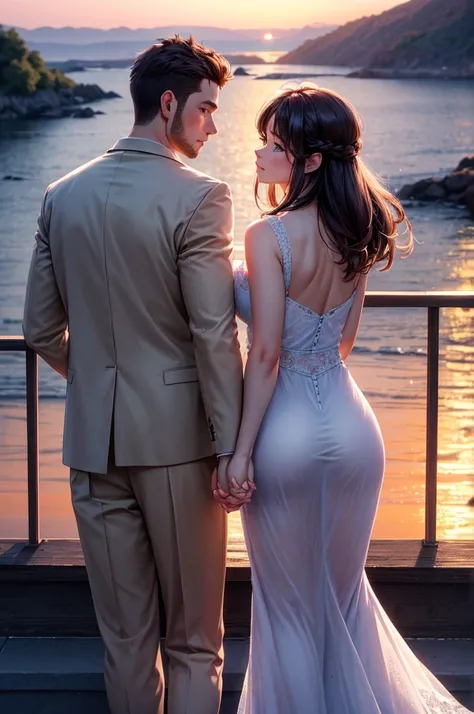 (Masterpiece, 4K, 8K, super definition, beautiful image, crisp image, perfect face, perfect lines, perfect eyes, soft lighting), Back view of a man and woman couple holding hands and watching the sunset, background dusk sky, magic hour,