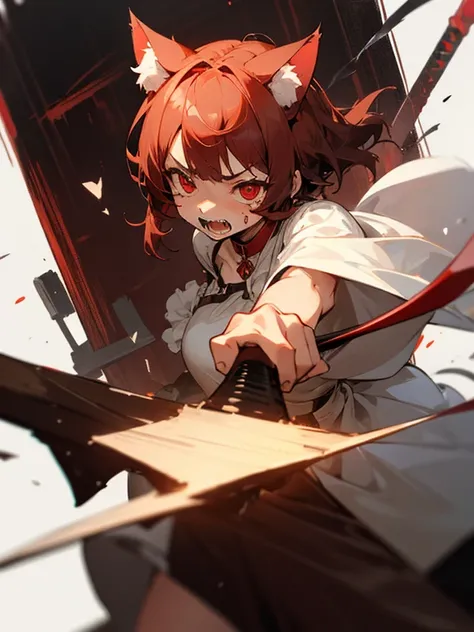 high-level image quality、girl with、Brown Shorthair、Tattered white dress、red eyes、brave、get angry、Cats ears、cats eyes、Staring at me、Show fangs、Western sword in the right hand、tears