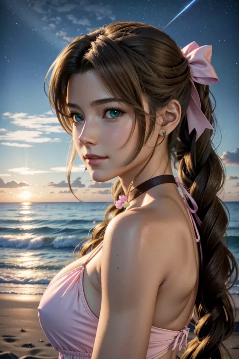 
Aerith,FF7, Long Hair, bangs, Brown Hair, bow, ribbon, jewelry, Green Eyes,  hair ピンクribbon, Braiding, hair bow, Side Lock, choker, necklace, lips, parted bangs, pink bow, Portraiture, Realistic,Super high quality,high quality,masterpiece,Digital SLR,Deta...