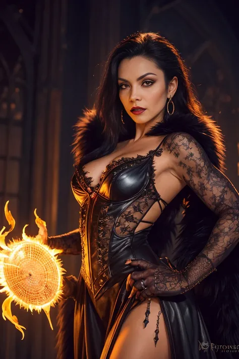 Priscilla is a beautiful vampire., black fur, in the style of Boris Vallejo, high detailed vampire dress, high detail face, high detailed leather, mature athletic body, perfect proportions, Heavy metal aesthetics, dark vampire castle interior background, h...