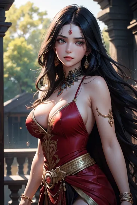 beautiful ozbek princess, long wavy black hair, pale skin, royal red sharara, sweat dripping from body, sweat glowing skin, visible sweat dripping armpits, large breasts, (best quality,4k,8k,highres,masterpiece:1.2),ultra-detailed,(realistic,photorealistic...