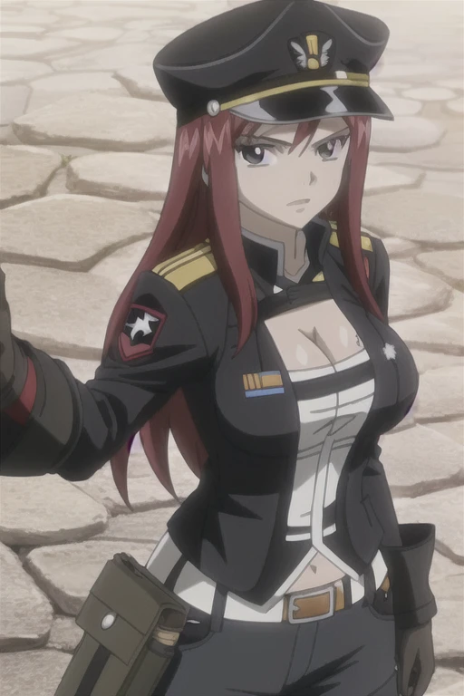 1girl, solo, Erza Scarlet, Fairy Tail, red hair, long hair, looking at viewer, sidelocks, black military uniform, black long-sleeve shirt, black military bulletproof vest, big breasts, cleavage, military tactical belt, black military cargo pants, gloves, b...