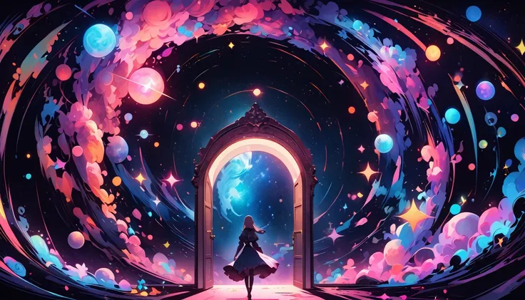 Create exquisite illustrations reminiscent of Makoto Shinkais style, It has ultra-fine details and top-notch quality. Create a high-quality illustration featuring a beautiful girl opening a door in a fantastical space, revealing a cosmic universe beyond. T...