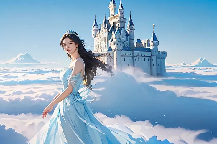 Highest quality　masterpiece　((Super beautiful smiling woman in light blue dress)) Photo style　Realistic　The background is a castle in the sky　sea of clouds　Fantasy　Romance　