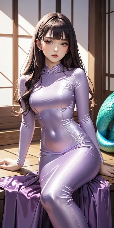 Portraiture、(masterpiece,Highest quality,Ultra-high resolution),Japanese women, (((Very beautiful 25 year old girl))),She is wearing a shiny light purple satin long sleeve dress.、The dress has a simple design without any patterns..、The skirt is mermaid sty...