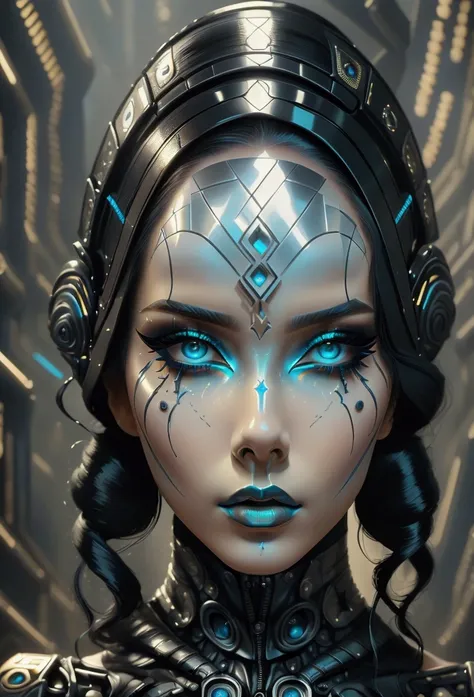 a woman with futuristic makeup inspired by james cameron, featuring sleek, metallic finishes and high-tech, cyberpunk details