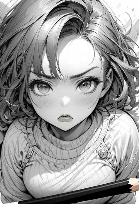 monochrome, pencil sketch art, diagonal top view, cute woman with pouting face, puffy cheeks, so cute, loose clothing,  (ultra d...