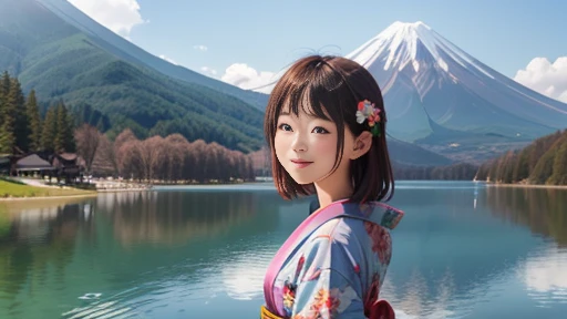 top-quality、Lakeside in front of the mountain. mt. Fuji、girl with、solo、Smiling at the screen、during daytime、summer、kimono、Open the parasol、Beautiful blue sky、