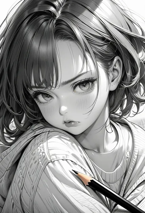 monochrome, pencil sketch art, diagonal top view, cute woman with pouting face, puffy cheeks, so cute, loose clothing,  (ultra d...