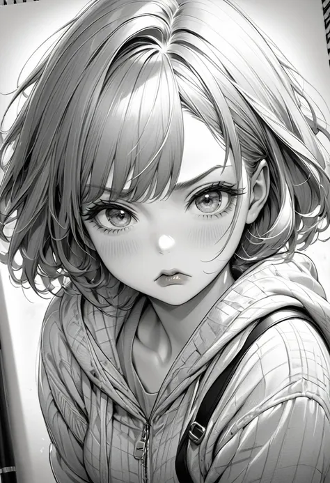 monochrome, pencil sketch art, diagonal top view, cute woman with pouting face, puffy cheeks, so cute, loose clothing,  (ultra d...