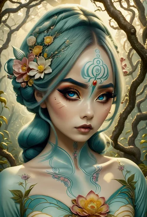 A woman with magical makeup inspired by Hayao Miyazaki, featuring vibrant, whimsical colors and enchanting, nature-inspired details.