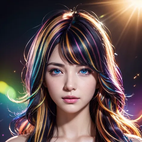 {{masterpiece}}, highest quality, Highly detailed CG Unity 8K wallpaper, cinematic lighting, Lens flare, beautiful detailed eyes, black, side line, multi-colored hair, colorful light, particle, heterochromia, (colorful:1.5), (colorful hair:1.5),
