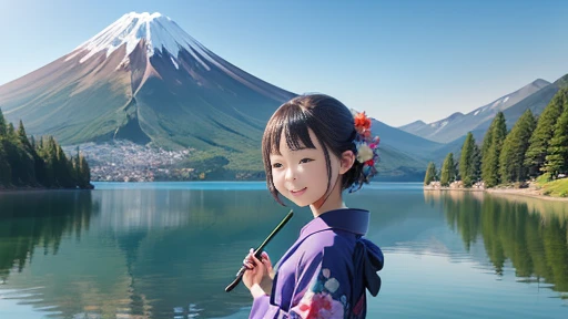 top-quality、lakeside in front of the mountain. mt. fuji、girl with、solo、smiling at the screen、during daytime、summer、kimono、open t...