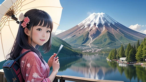 top-quality、Lakeside in front of the mountain. mt. Fuji、girl with、solo、Smiling at the screen、during daytime、summer、kimono、Open the parasol、Beautiful blue sky、