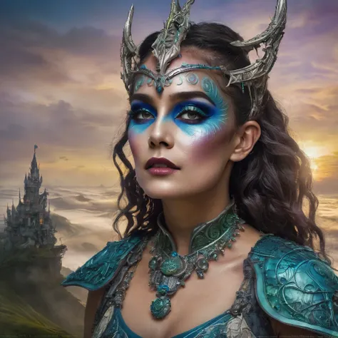 a woman with epic fantasy makeup inspired by peter jackson, featuring detailed, mythical elements and rich, dramatic colors