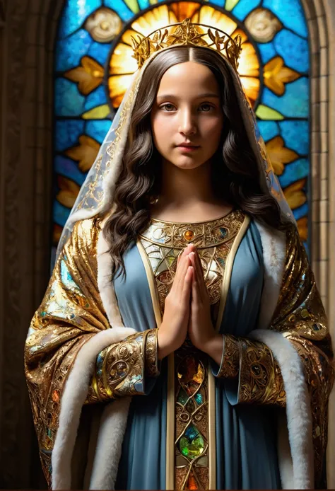 Mona Lisa, pale colors(fantasy sister, robe with gold decoration, Offering Prayers, Church)super lovely illustration(colorful stained glass, volumetric lighting backlight good lighting, colorful refraction)depth of field(very detailed beautiful face and ey...