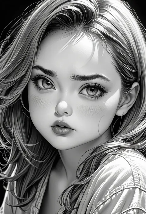 monochrome, pencil sketch art, diagonal top view, cute woman with pouting face, puffy cheeks, so cute, loose clothing,  (ultra d...