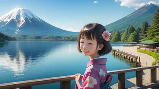 top-quality、Lakeside in front of the mountain. mt. Fuji、girl with、solo、Smiling at the screen、during daytime、summer、kimono、Open the parasol、Beautiful blue sky、