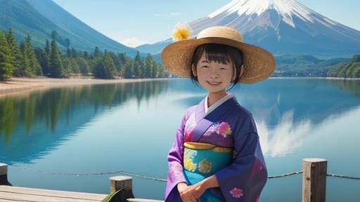 top-quality、Lakeside in front of the mountain. mt. Fuji、girl with、solo、Smiling at the screen、during daytime、summer、kimono、Open the parasol、Beautiful blue sky、