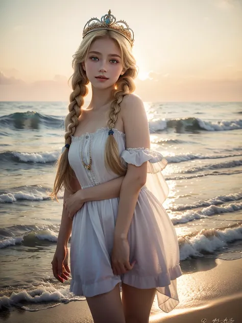 ,((best quality best))),8k,((masterpiece)),(very delicately beautiful), There was a girl coming out of the sea, Swan princess in Russian mythology, beautiful and calm face, eblue eyes, braided long blonde hair, Moon pigtails on the back of the head, Shiny ...