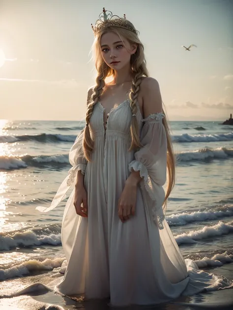 ,((best quality best))),8k,((masterpiece)),(very delicately beautiful), There was a girl coming out of the sea, Swan princess in Russian mythology, beautiful and calm face, eblue eyes, braided long blonde hair, Moon pigtails on the back of the head, Shiny ...