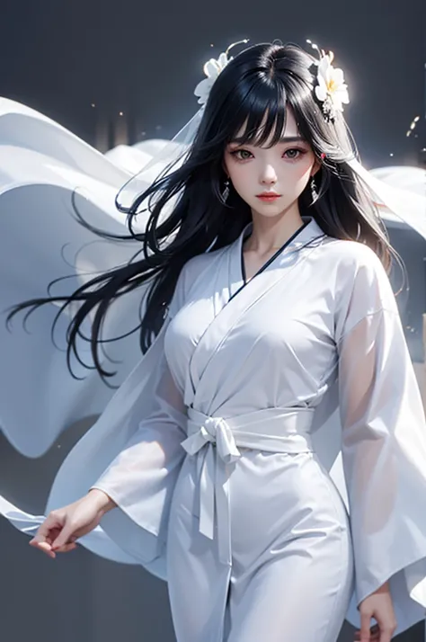 The ghost of a beautiful woman wearing a white kimono and black hair that shines through the fantastical mist