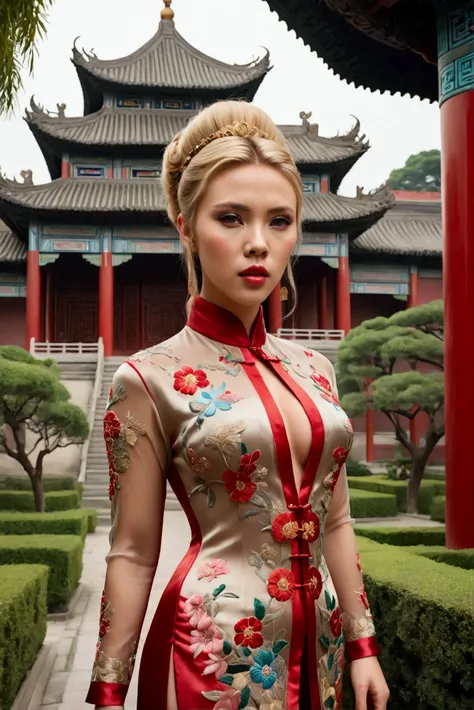 1 woman (Scarlett Johannsson, age 25, intricate silk Chinese dress with lots of embroidery sheer with several large slits, no underwear, traditional hairstyle and Chinese makeup) wandering through a palace garden
