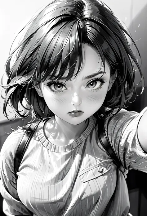 monochrome, pencil sketch art, diagonal top view, cute woman with pouting face, puffy cheeks, so cute, loose clothing,  (ultra d...