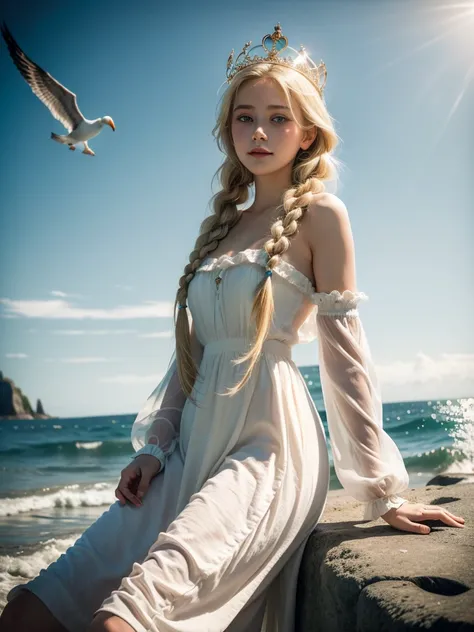 ,((best quality best))),8k,((masterpiece)),(very delicately beautiful), There was a girl coming out of the sea, Swan princess in Russian mythology, beautiful and calm face, eblue eyes, braided long blonde hair, Moon pigtails on the back of the head, Shiny ...