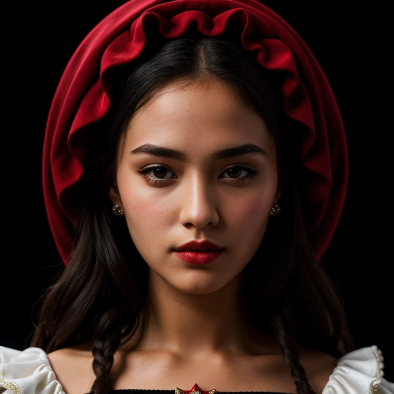 ((extreme detail)),(ultra-detailed), extremely detailed CG unity 8k wallpaper, velvet, figurine, red hood, crop top, star headdress, puffy sleeves, lips, looking away, close-up, head turn, black background