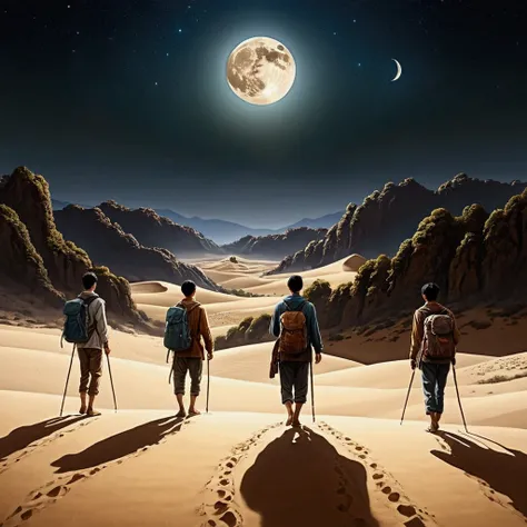 Landscape painting、Moonlit Night、wilderness、Sand Wind、journey、Four Travelers、Back view、