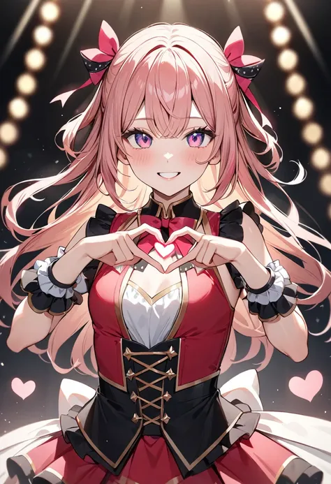 (masterpiece, top quality, very aesthetic, 4k、illustration), intricate detail, 1woman,contrapposto 、heart hands,(upper body)、heart hands,(),Cute 、lovey smile、Random Hair Color、,middle hair,sidelock ,Random Color　eyes、idol clothes、small breasts、Slim 、