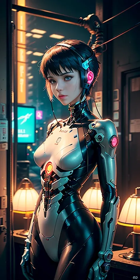 top quality, masterpiece, Ultra High rightesolution, ((lifelike: 1.4), rightaw Photo, 1 Cyberpunk Girl, shiny skin, 1 Mechanical Girl, (Ultra rightealistic Detailechanical limbs, Tubes attached to mechanical parts, Mechanical vertebrae attached to the spin...