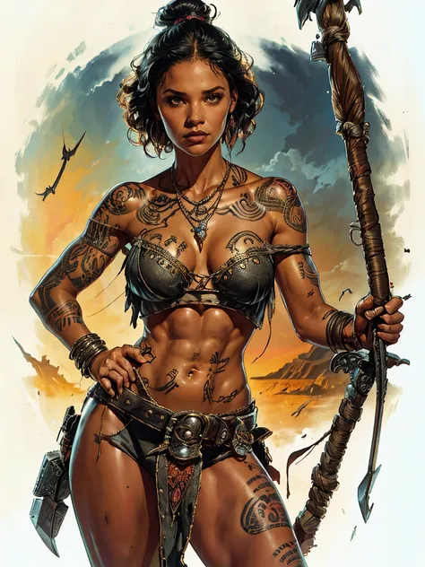 a sinister grim looking female Polynesian necromancer based on Jenna Ortega in ragged off-the-shoulder clothes, she has mysterious tattoos, she has short hair, she has small breasts, sunset, Dungeons and Dragons 5th edition style illustration, cinematic, f...