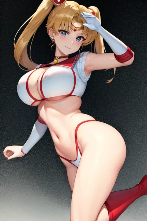 masterpiece, best quality, beautiful art, high resolution, well formed hands, body and fingers, 1 woman, solo, sailor moon , adult, grown up, twin tails, blonde, large and round breasted, cleavage, full body, , sexy sailor senshi uniform, , red boots, gorg...