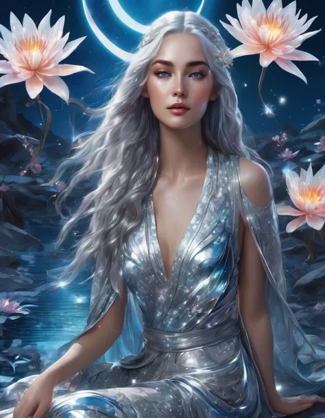 digital graphics on a background of beautiful chrome lilies, huge beautiful flowers, a beautiful blue-eyed girl, beautiful silver hair, in silver oriental clothes experiencing glitter, a full-length girl, airy shimmering beautiful colors, blue silver color...