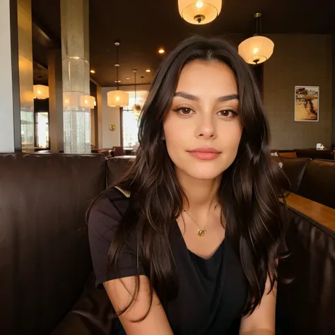 1 woman, long and wavy dark brown hair, dark brown eyes, sitting on a sofa, in a restaurant