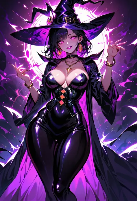 1 mature beautiful woman,(Highest quality,Extremely detailed depiction,Incredibly absurd high resolution,Anatomically accurate depiction,Curvy Legs),(Glowing Skin,Shiny skin),(Bewitching witch),(Sexy witch costume,latex,Black Pantyhose,Luxury accessories,E...