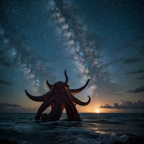 Starry sky, sea, starry sky, shooting star, octopus, beautiful, sad